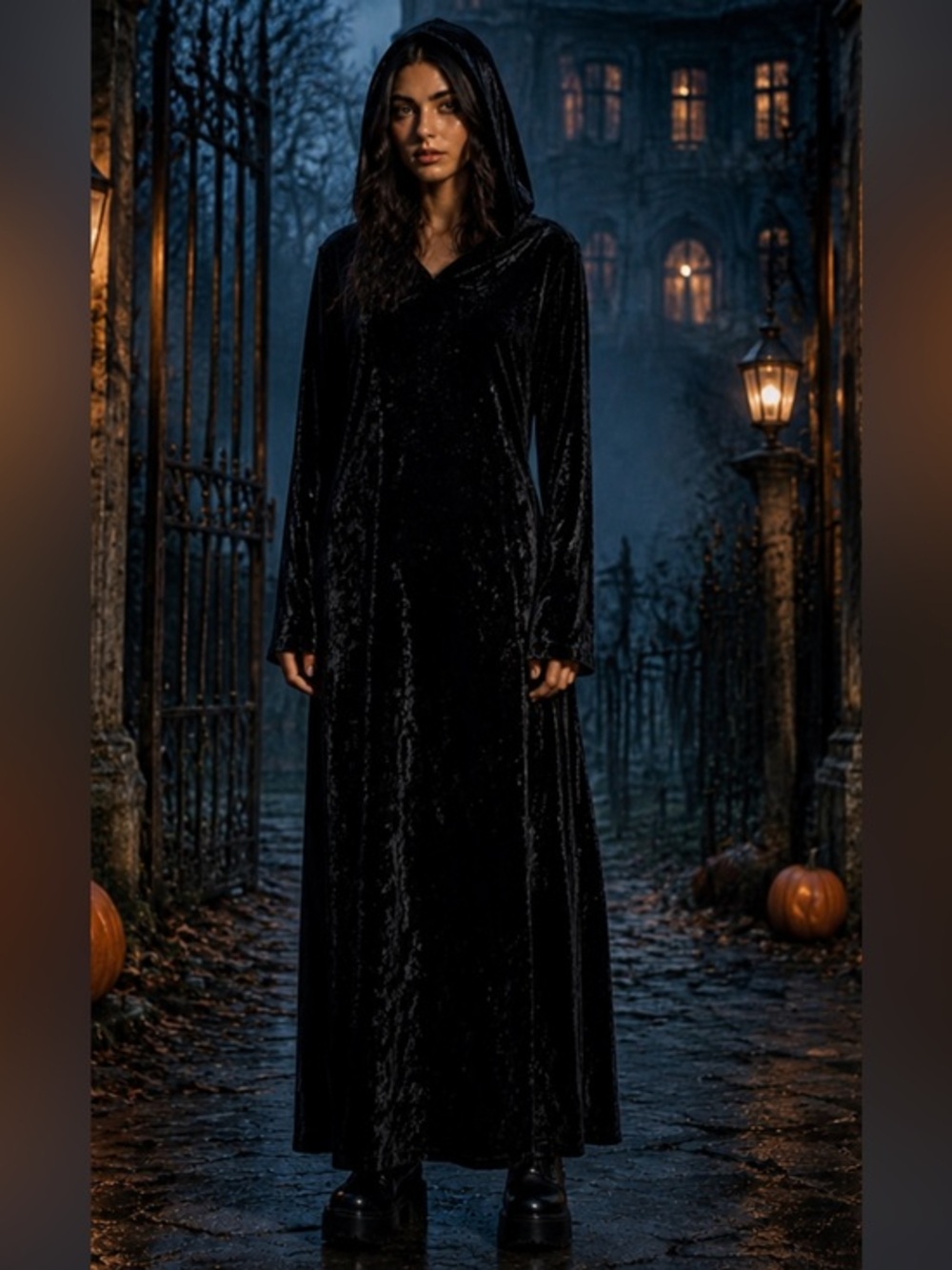 Vintage Morbid Threads witchy Long Crushed Velvet Cloak Dress hooded goth